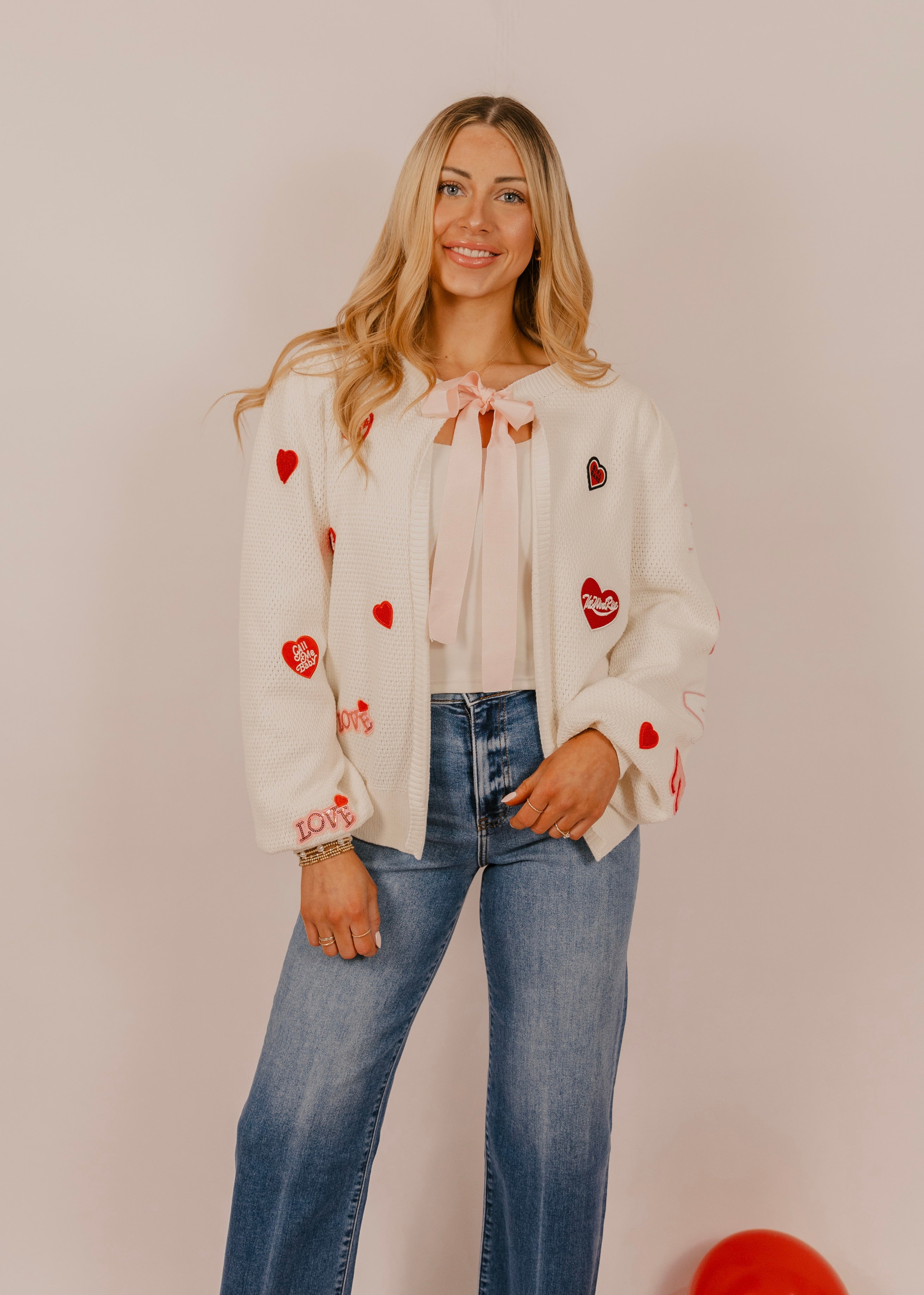 All the Love Patch Detail Pink Bow Cardigan