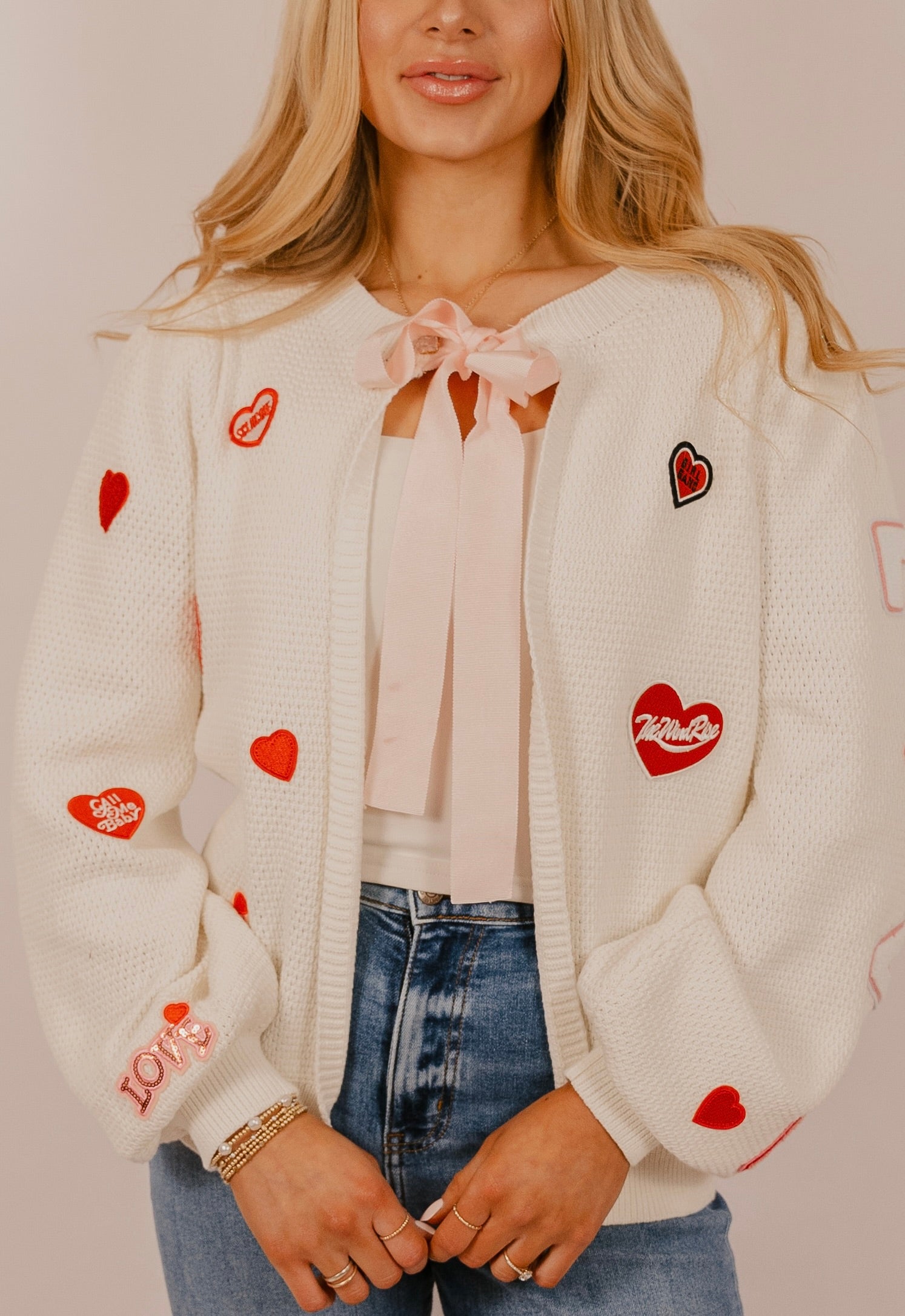 All the Love Patch Detail Pink Bow Cardigan