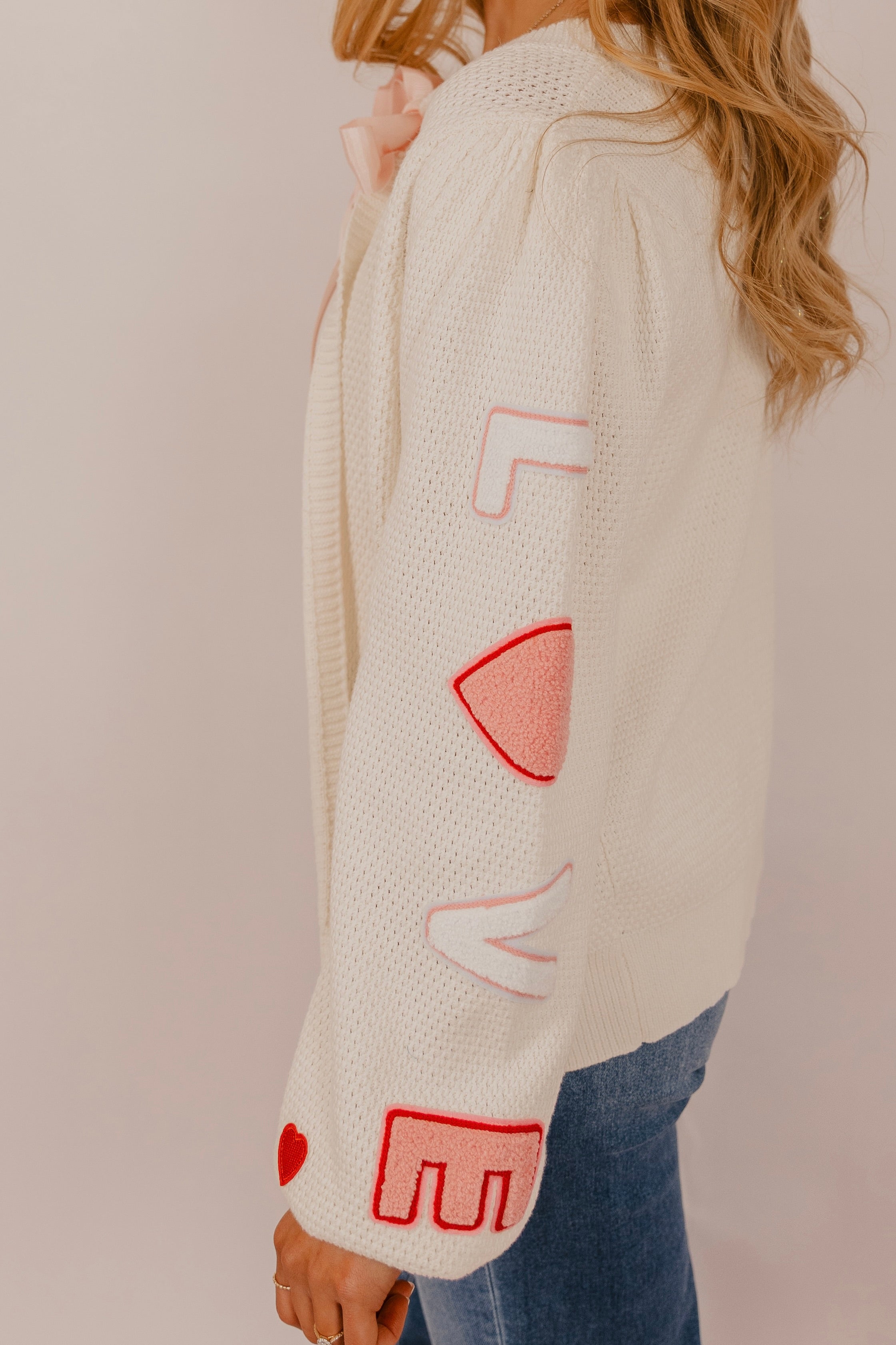 All the Love Patch Detail Pink Bow Cardigan