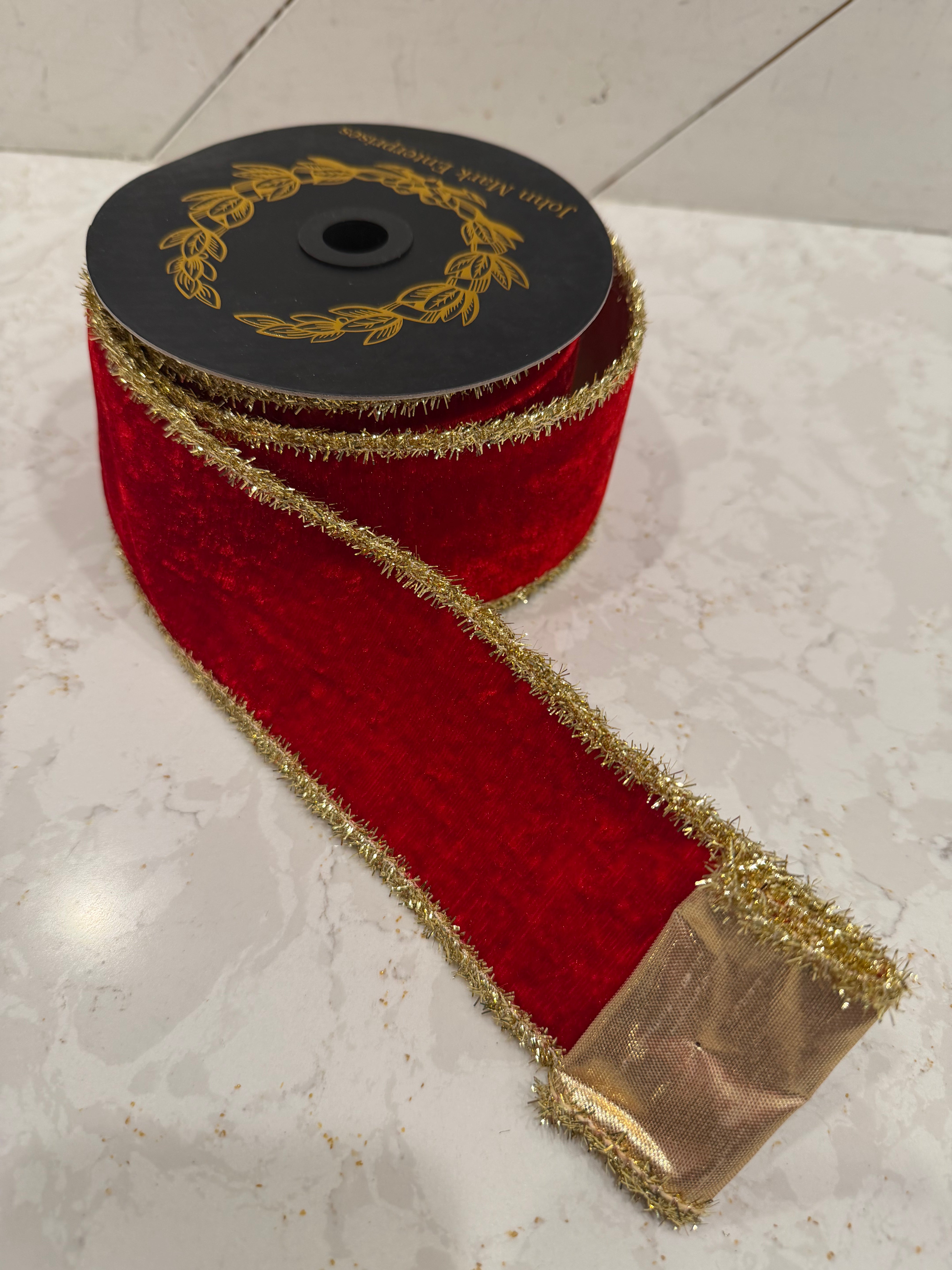 Red Velvet Tinsel Edge Ribbon 10yd