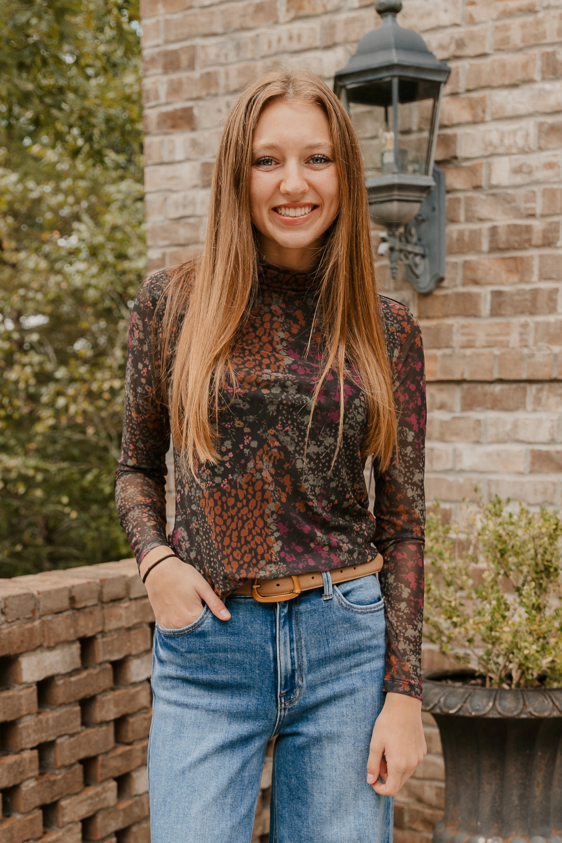 Tribal Mesh Turtleneck Top With Lining