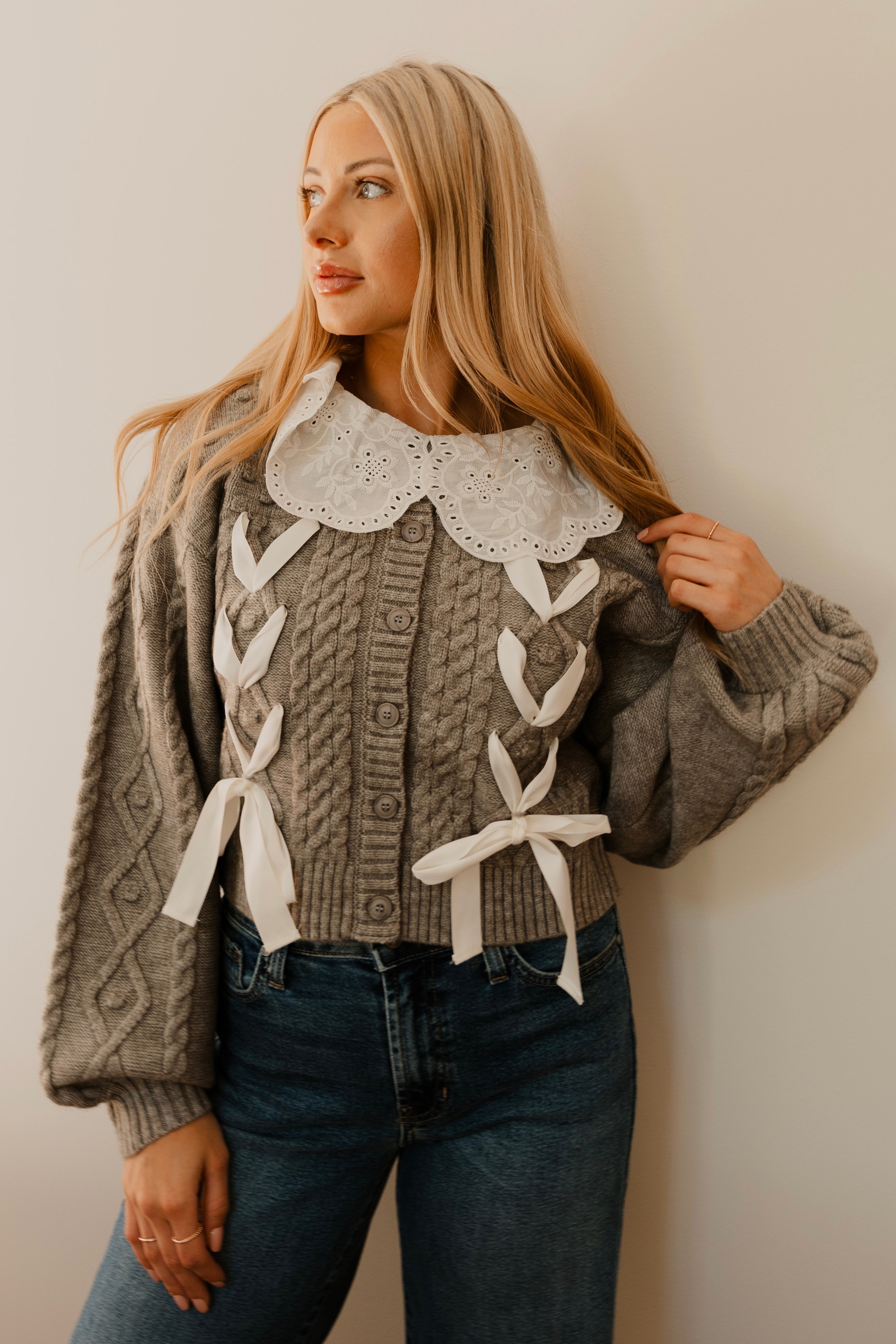Amoura Embroidered Collar Cable Knit Cardigan
