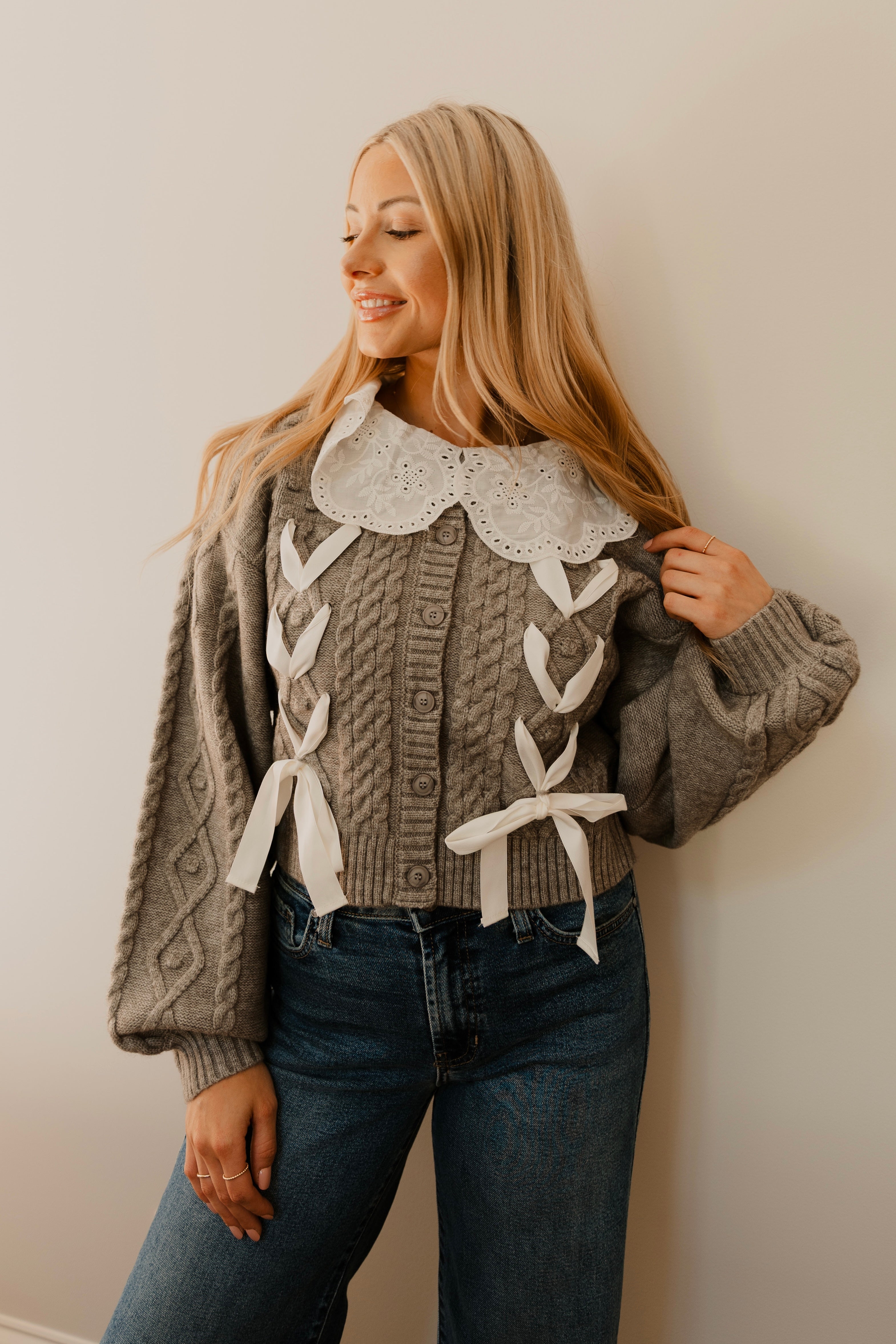 Amoura Embroidered Collar Cable Knit Cardigan