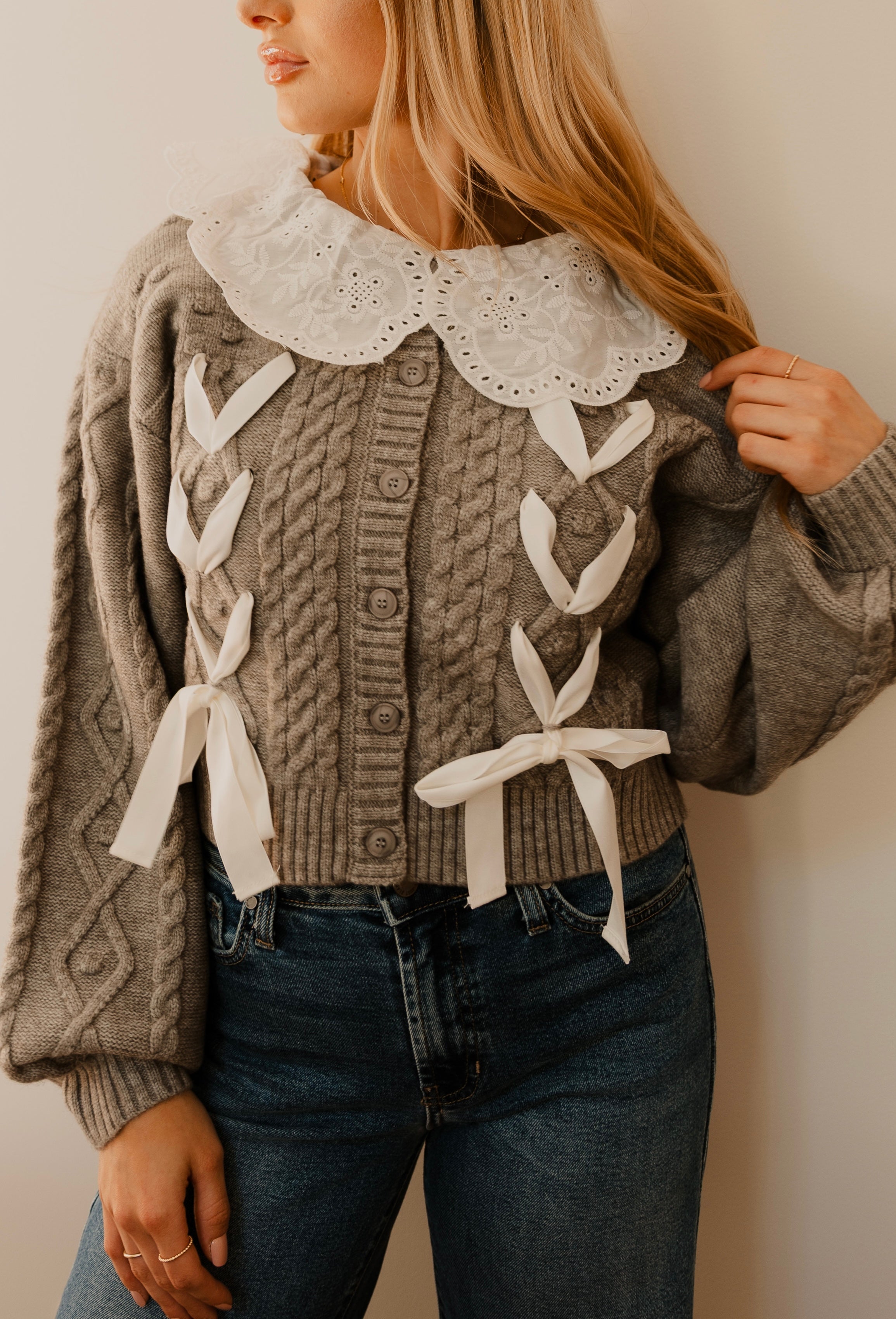 Amoura Embroidered Collar Cable Knit Cardigan