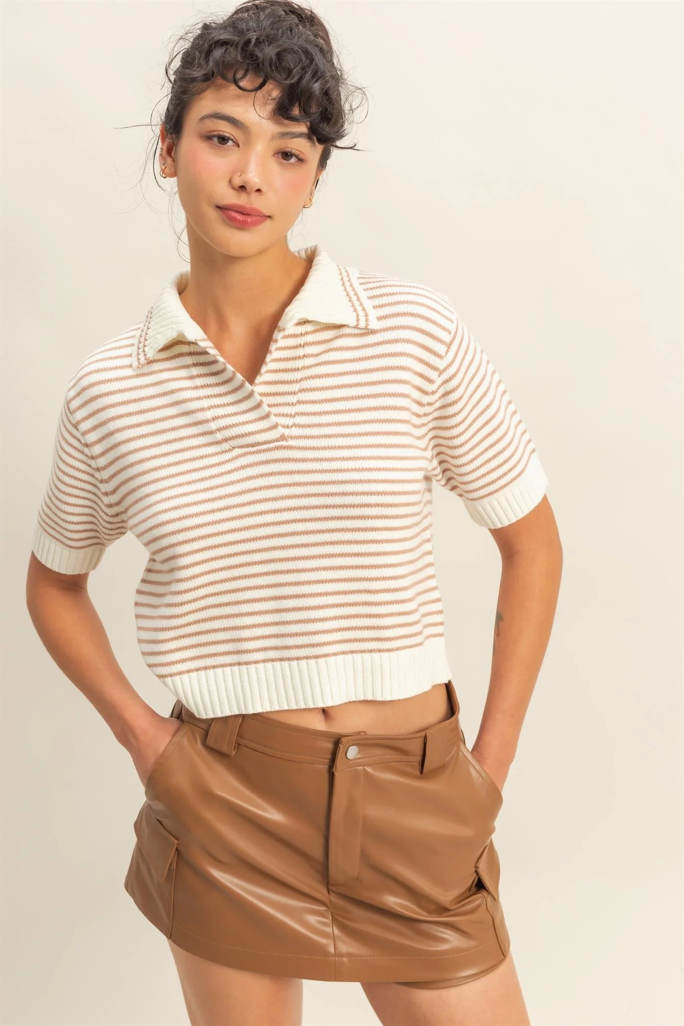Hattie Striped Collared Short Sleeve Sweater Top