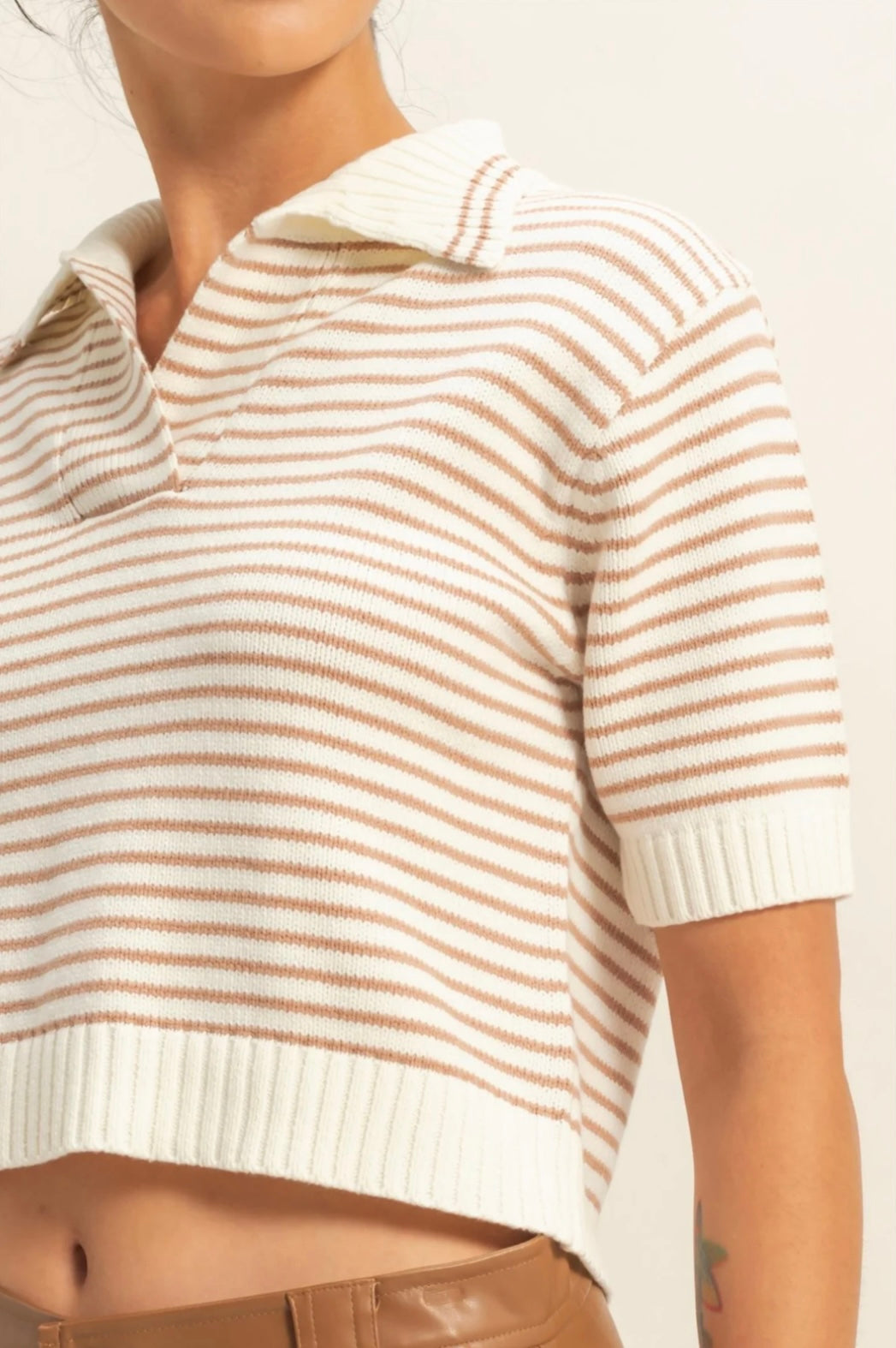 Hattie Striped Collared Short Sleeve Sweater Top