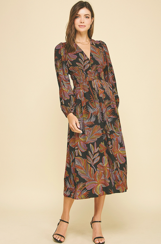 Jaylah Leaf Print V Neck Midi Dress