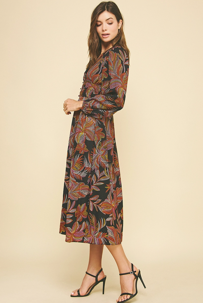 Jaylah Leaf Print V Neck Midi Dress