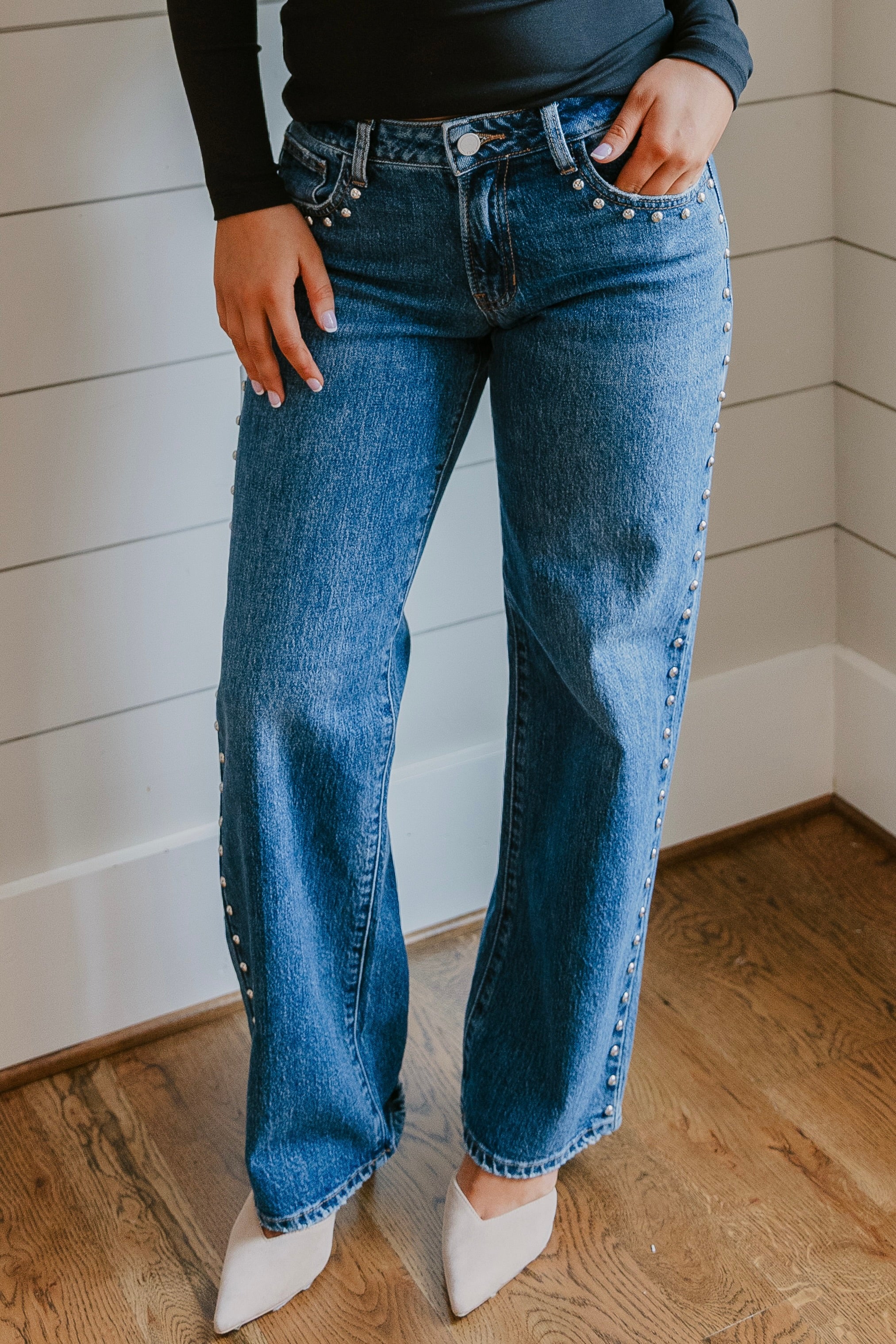 Just Black Denim Low Rise Studded Baggy Jean