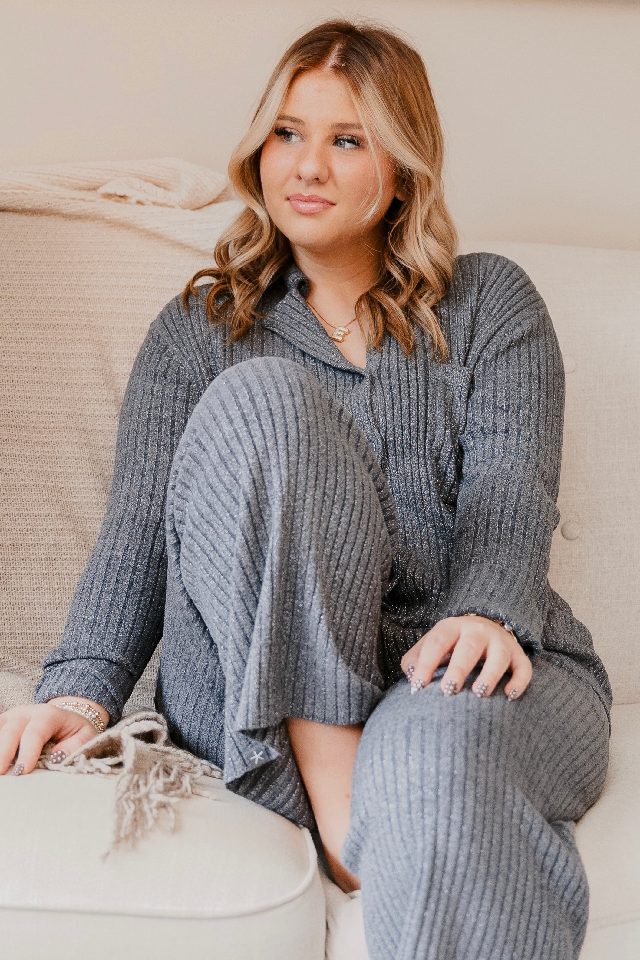 Barefoot Dreams CozyChic Ultra Lite Lurex Rib Button Front Shirt