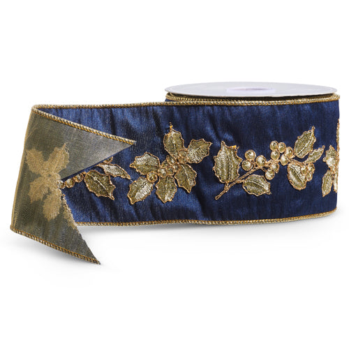 10yds Holly Navy & Gold Wired Ribbon