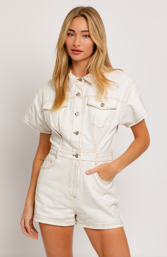 Madison Short Sleeve Denim Romper - Final Sale 25% off in cart