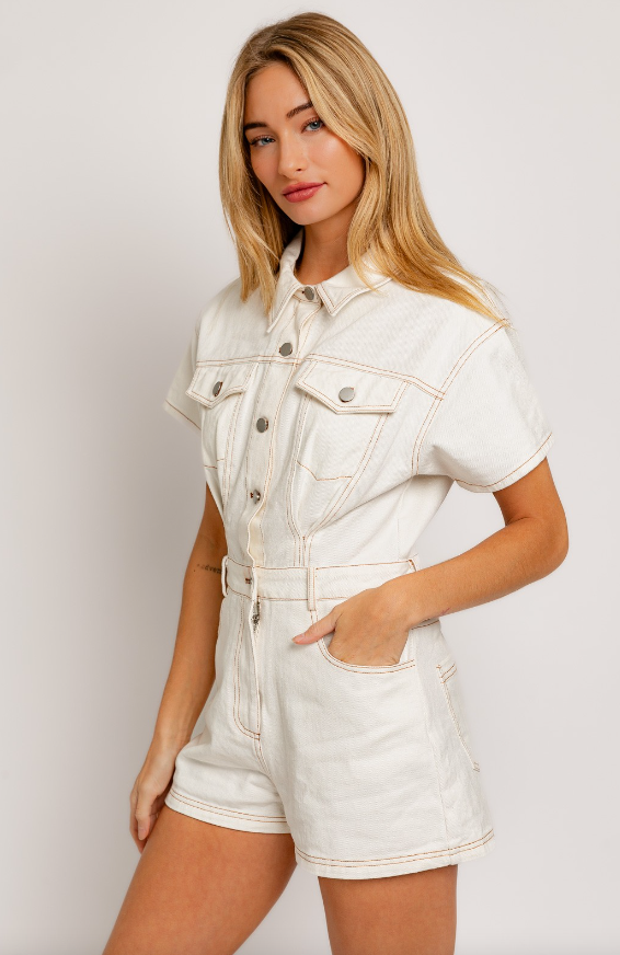 Madison Short Sleeve Denim Romper - Final Sale 25% off in cart