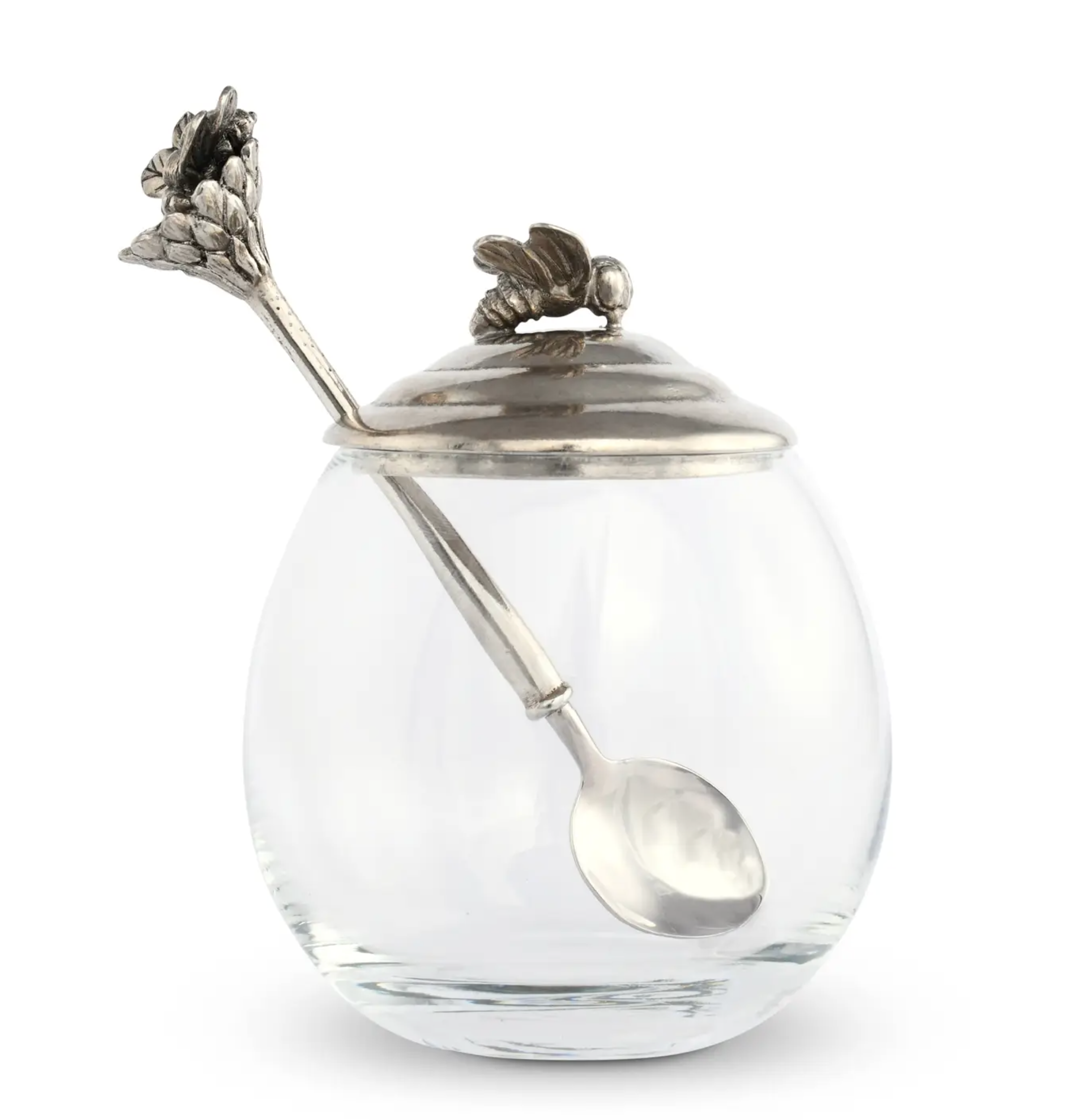 Pewter and Glass Bee Honey Pot & Spoon Set