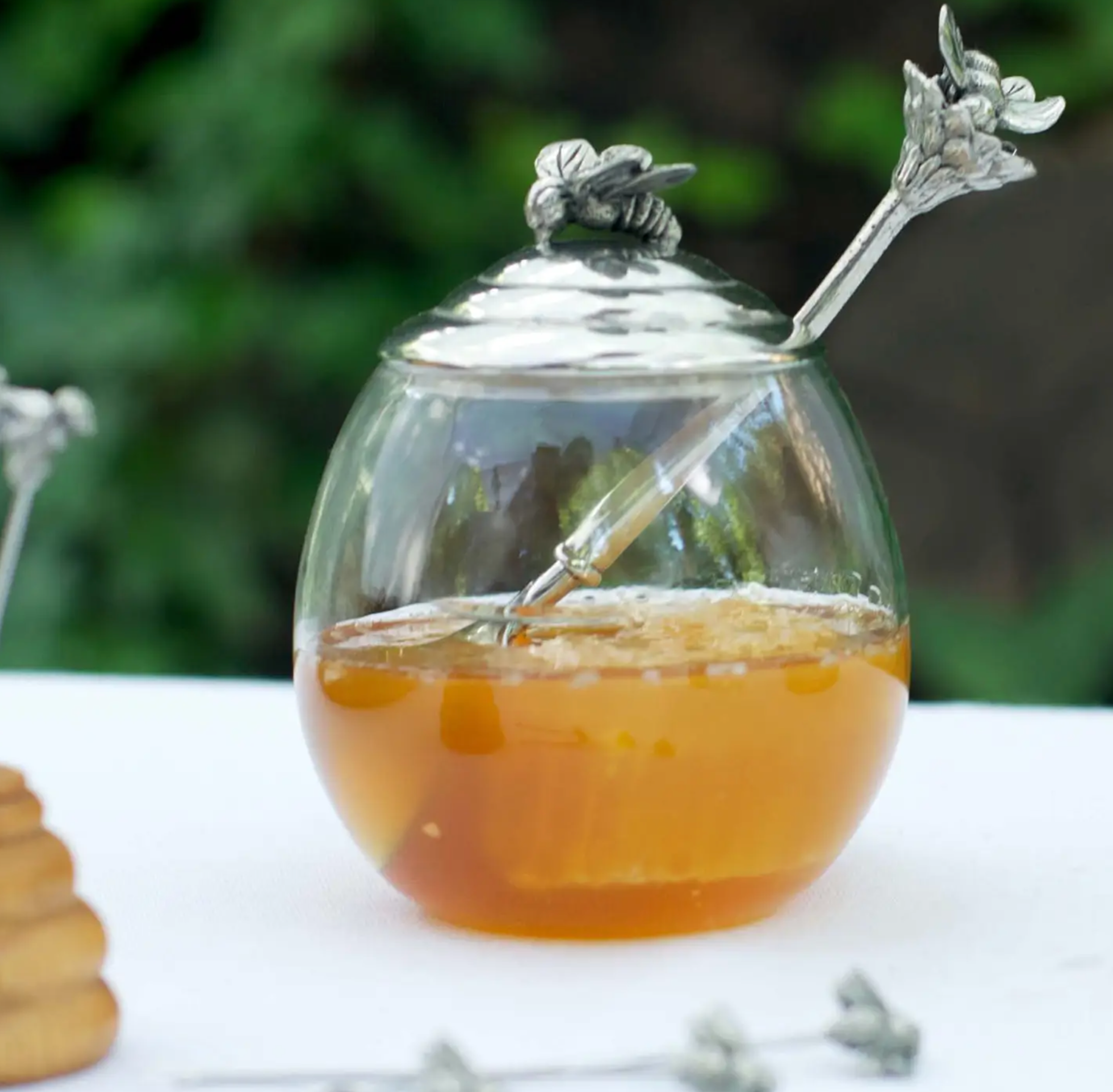Pewter and Glass Bee Honey Pot & Spoon Set