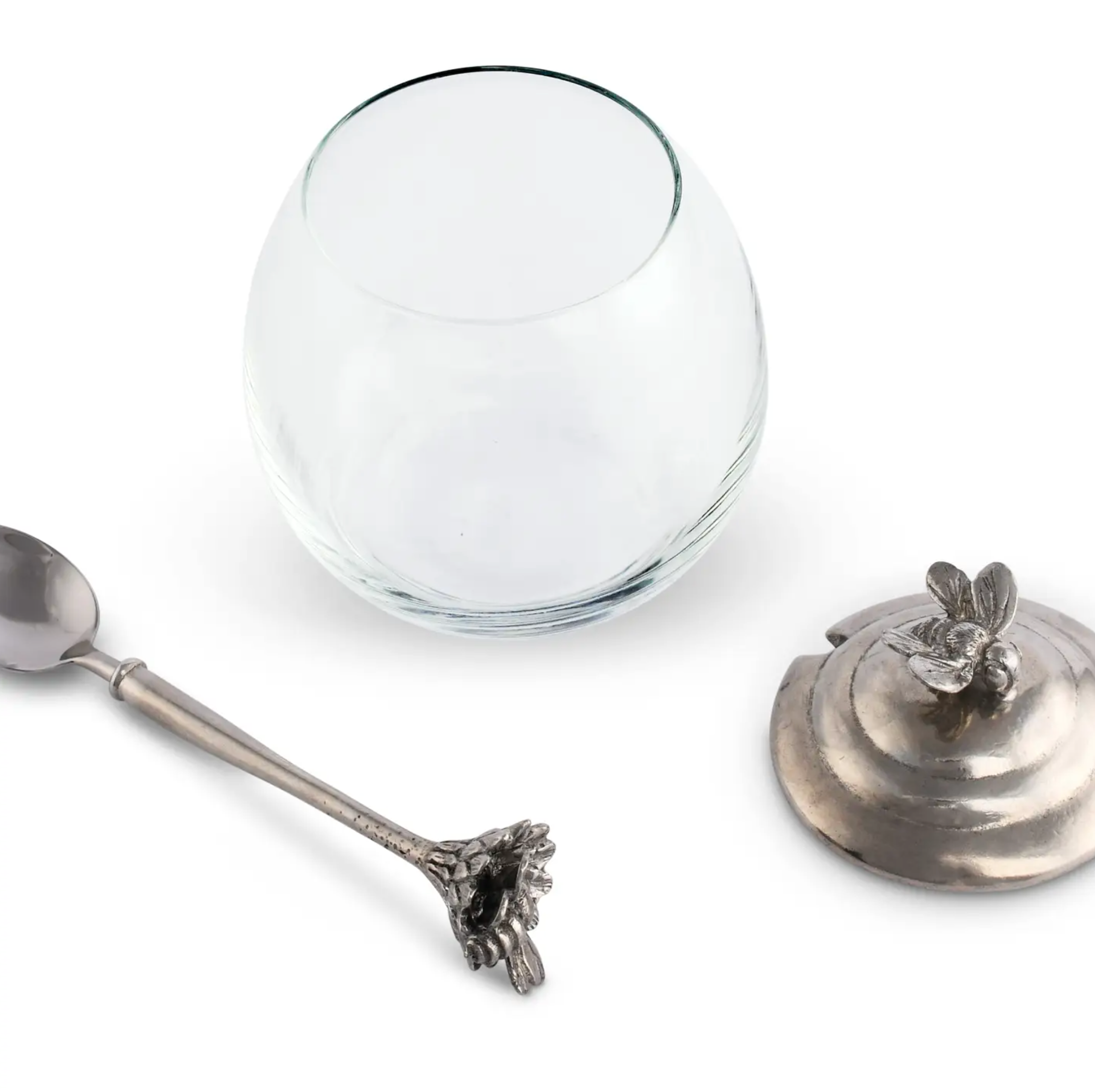 Pewter and Glass Bee Honey Pot & Spoon Set