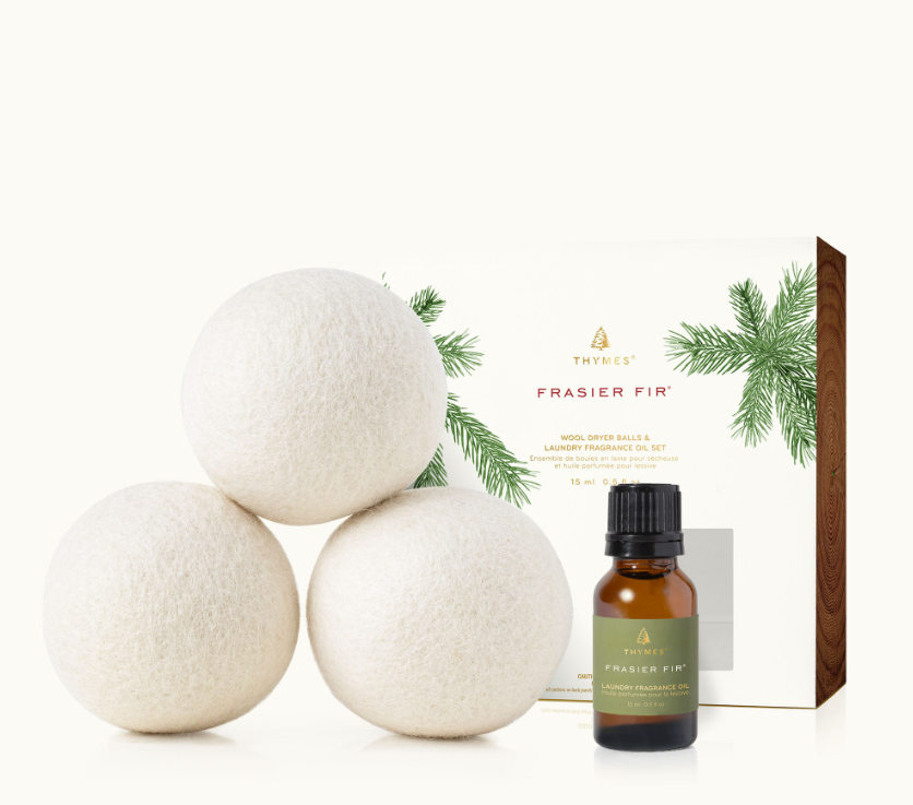 Thymes Frasier Fir Wool Dryer Balls & Laundry Fragrance Oil Set
