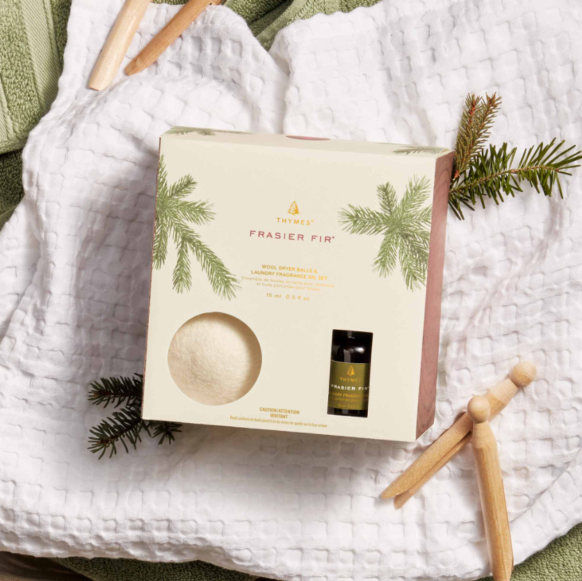 Thymes Frasier Fir Wool Dryer Balls & Laundry Fragrance Oil Set