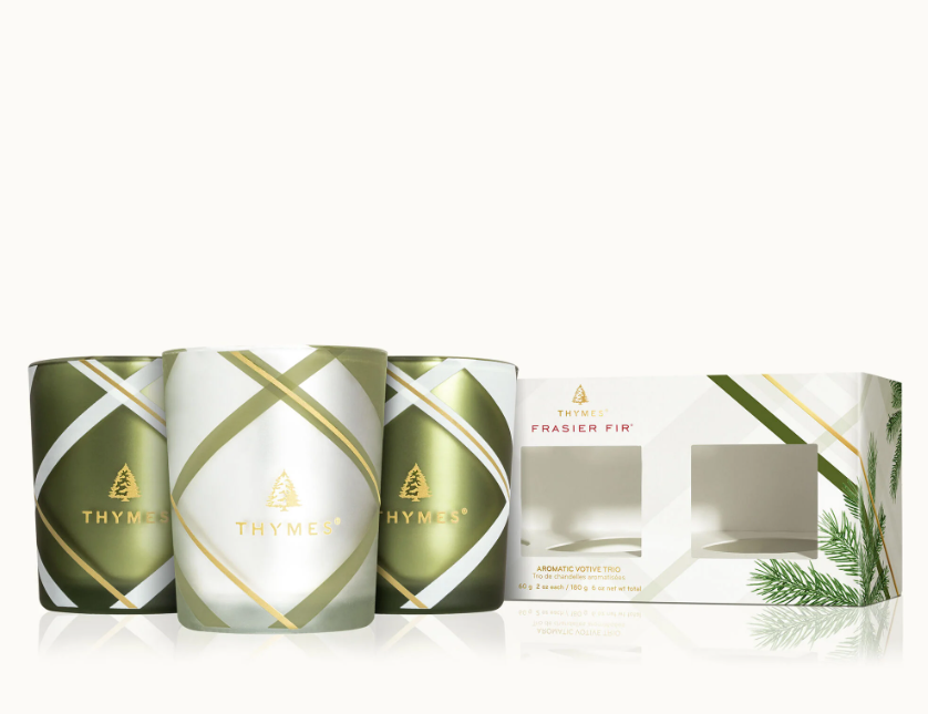 Thymes Frasier Fir Frosted Plaid Votive Trio