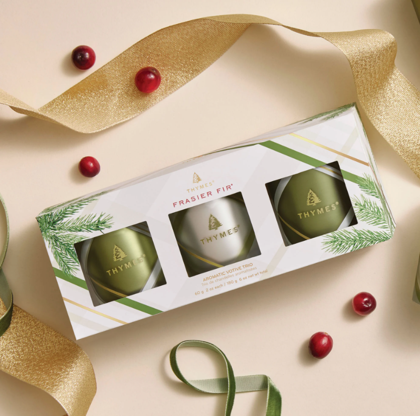 Thymes Frasier Fir Frosted Plaid Votive Trio