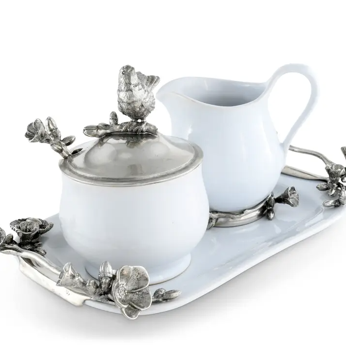 Pewter Song Bird Stoneware Creamer Set