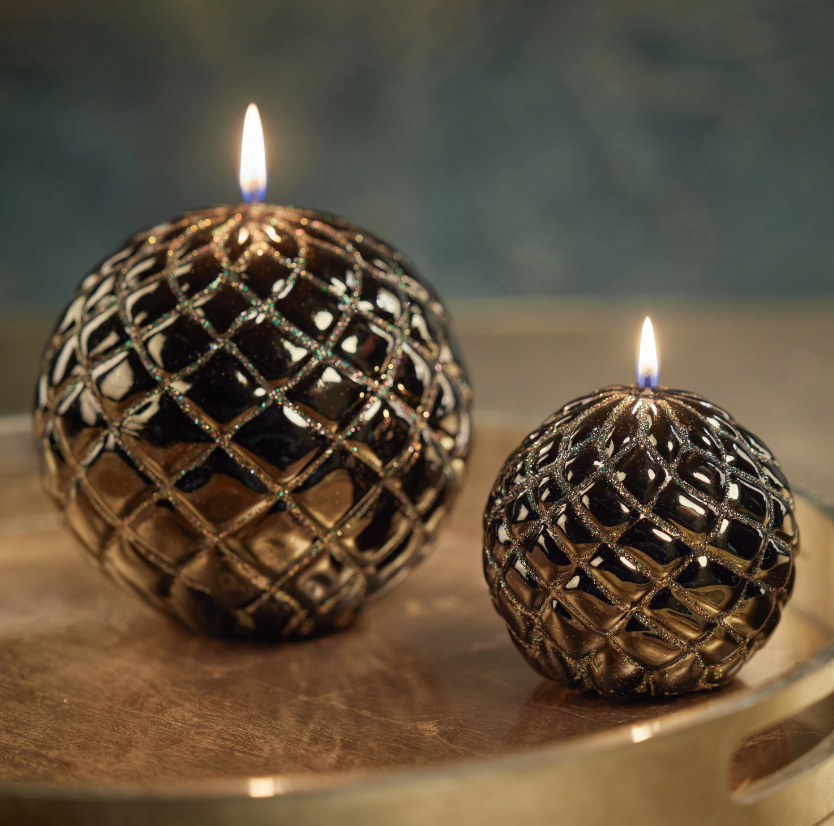 Green & Gold Glitter Metallic Quilted Ball Candle