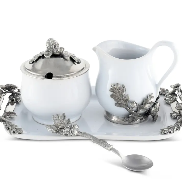 Pewter Acorn & Oak Leaf Stoneware Creamer Set