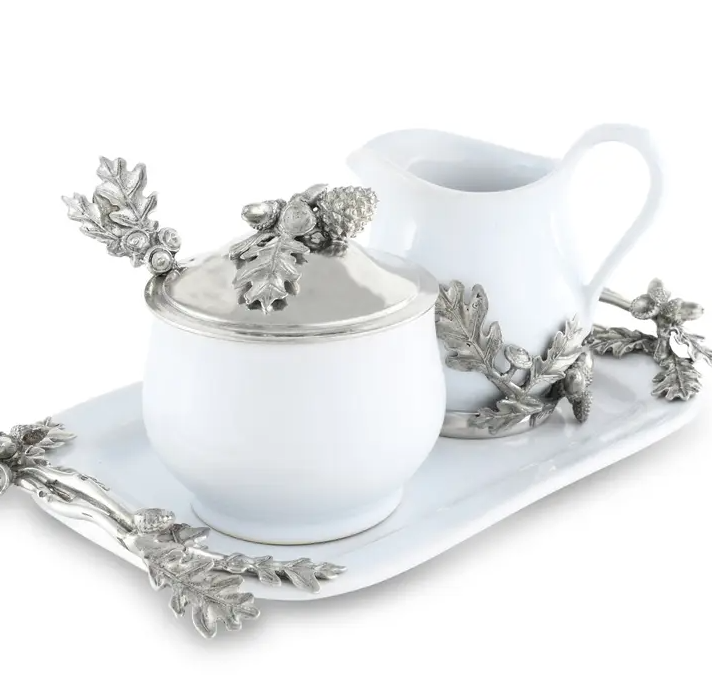 Pewter Acorn & Oak Leaf Stoneware Creamer Set