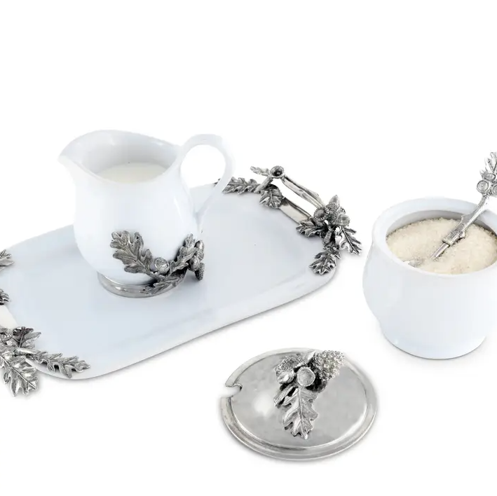 Pewter Acorn & Oak Leaf Stoneware Creamer Set