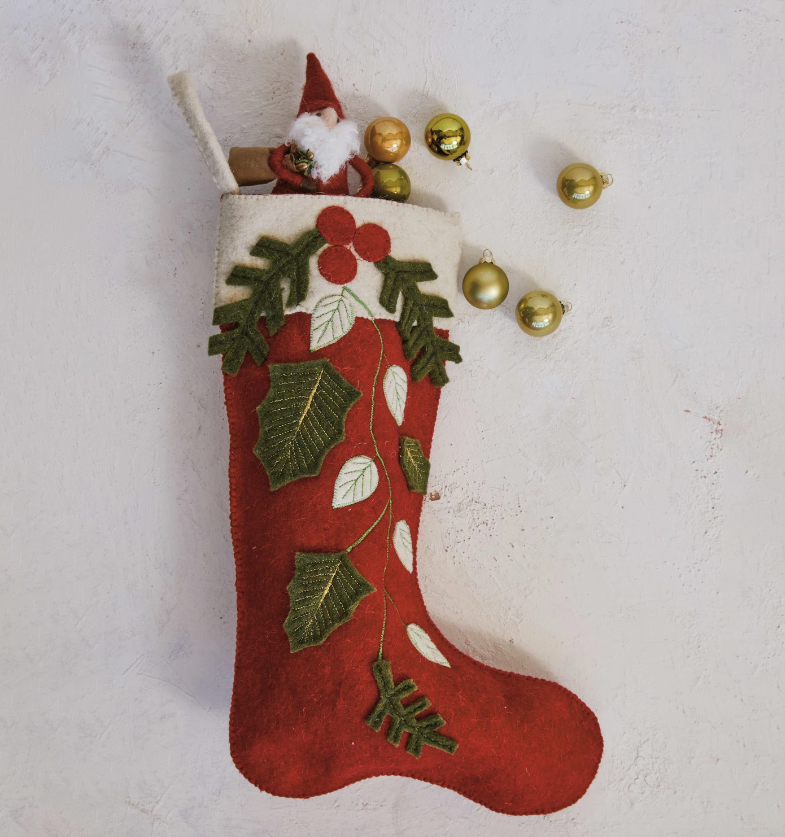 Holly Berry Wool Felt Embroidered Stocking