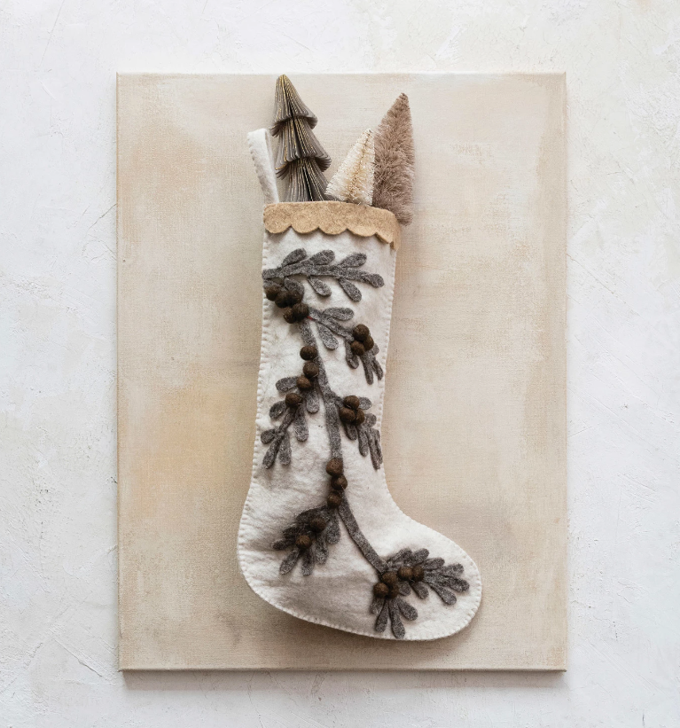 Pine Branch Wool Felt Embroidered Stocking