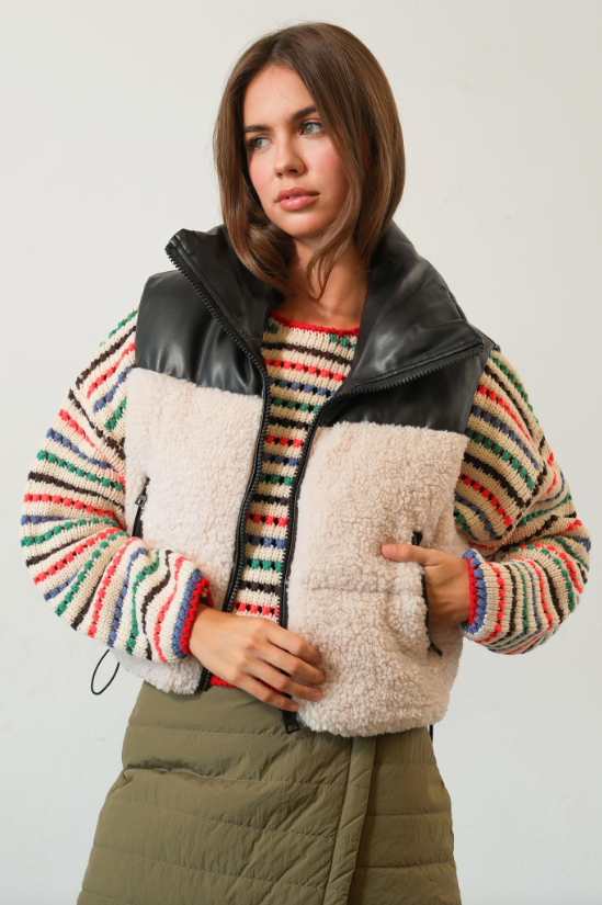 Alexa Sherpa & Vegan Leather Puffer Vest - Final Sale 40% off in cart