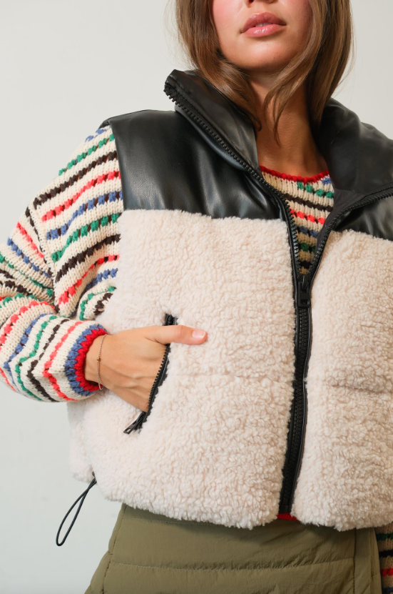Alexa Sherpa & Vegan Leather Puffer Vest - Final Sale 40% off in cart