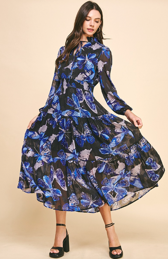 Madeline Butterfly Print Tiered Maxi Dress