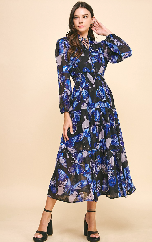 Madeline Butterfly Print Tiered Maxi Dress