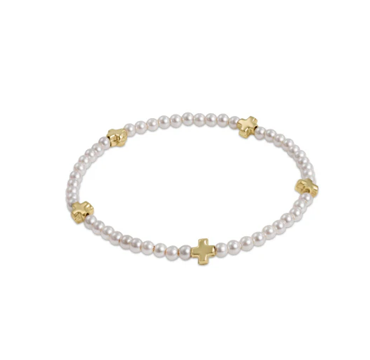 E Newton Pearl Signature Cross Pattern Bead Bracelet - Small Cross Gold