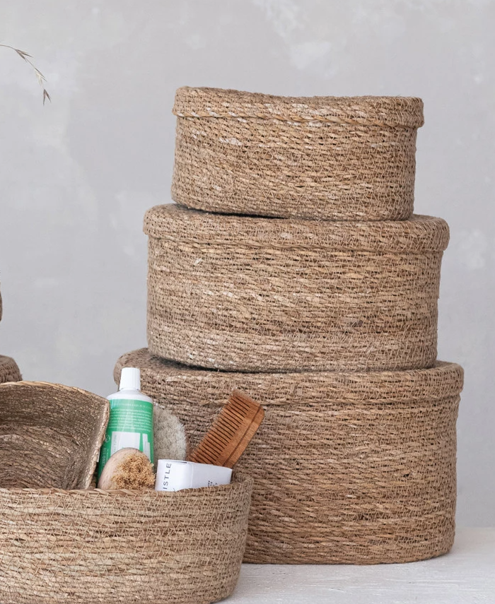 Oval Seagrass Baskets with Lids - Set of 3