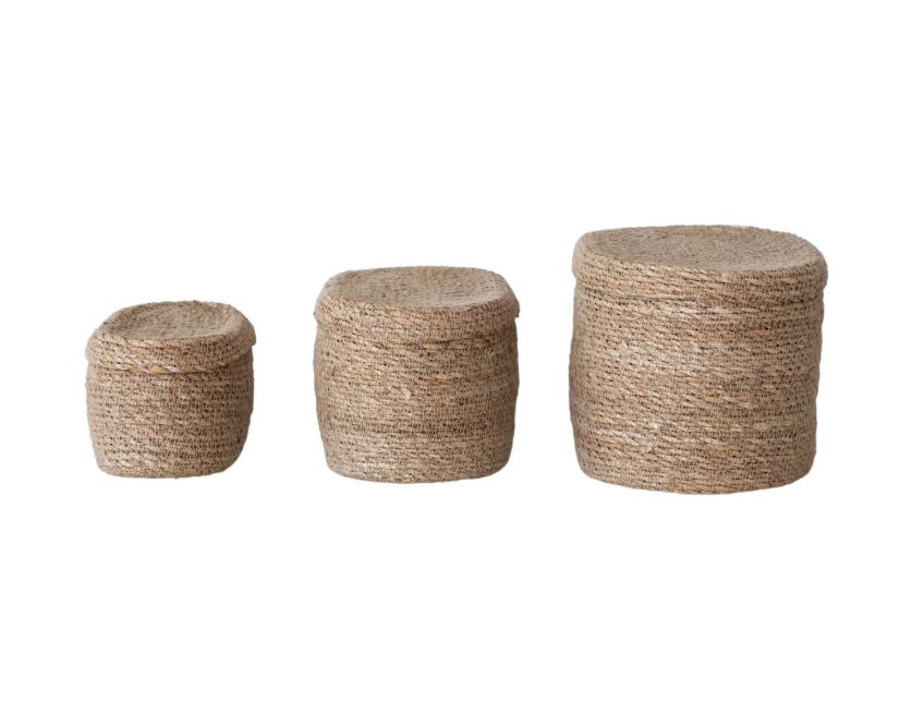 Oval Seagrass Baskets with Lids - Set of 3