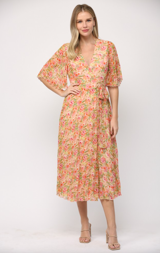 Haley Floral Print Pleated Wrap Dress