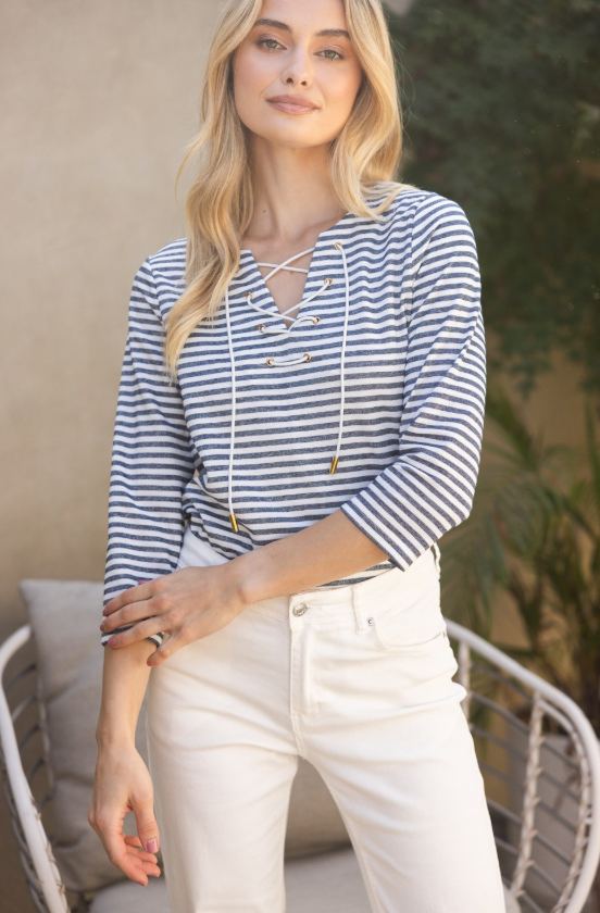 Salma Lurex Stripe Lace Up Knit Top