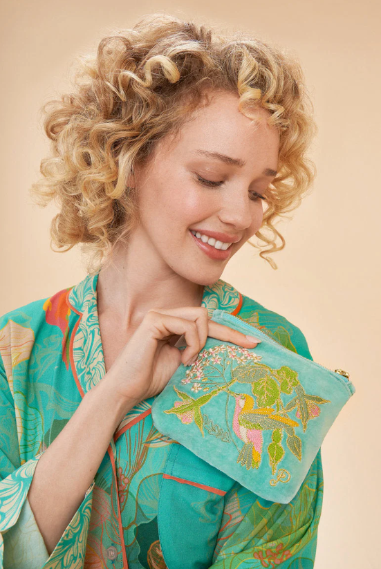 Hummingbird Velvet Embroidered Mini Pouch