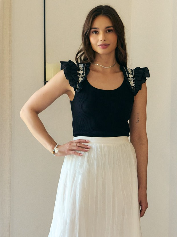 Colette Embroidered Ruffle Sleeve Top