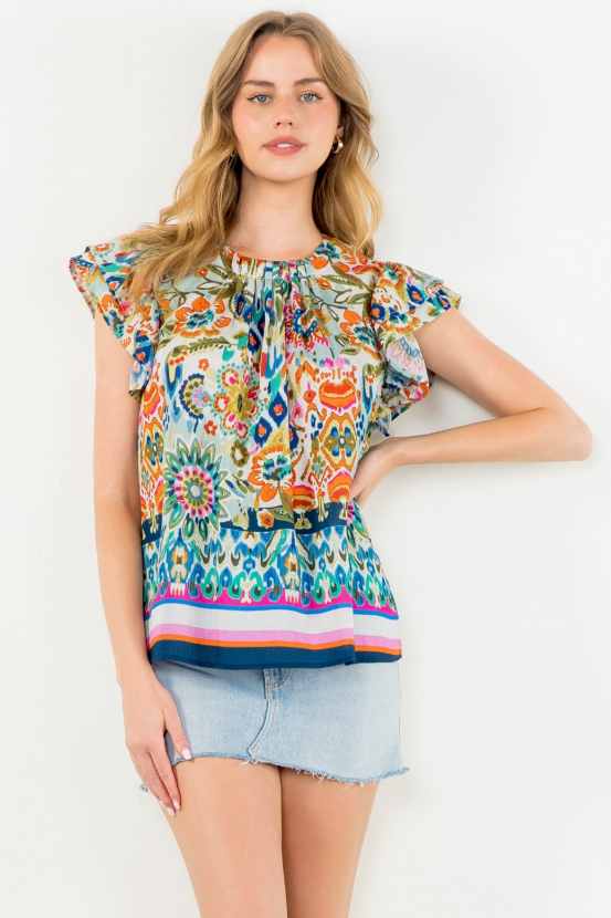 Elora Flutter Sleeve Floral Print Top