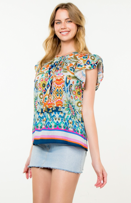 Elora Flutter Sleeve Floral Print Top