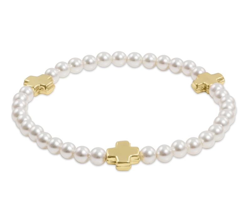 E Newton Pearl Signature Cross Pattern Bead Bracelet - Gold