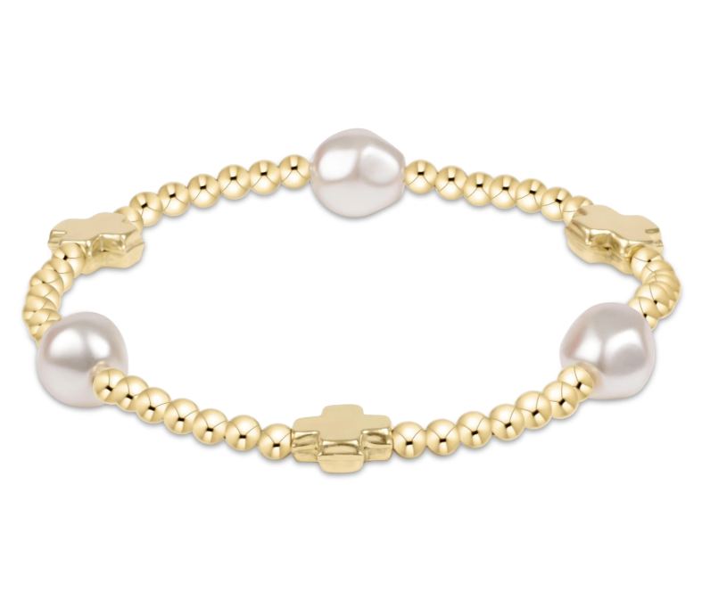 E Newton Signature Cross Admire Pattern 3mm Bead Bracelet - Gold Pearl
