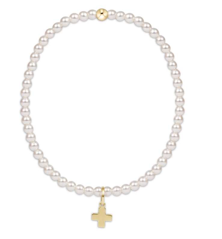 E Newton Classic Pearl Bead Bracelet - Signature Cross Gold Charm