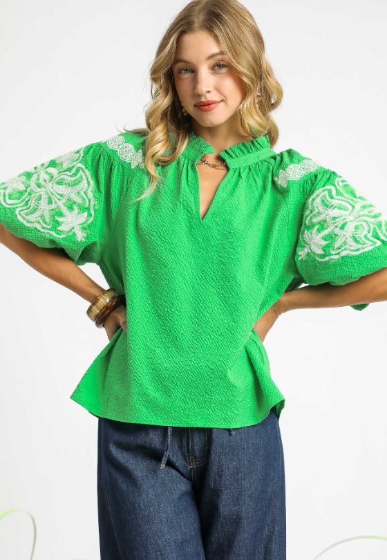 Ana Textured Embroidery Puff Sleeve Top - Final Sale 30% off in cart