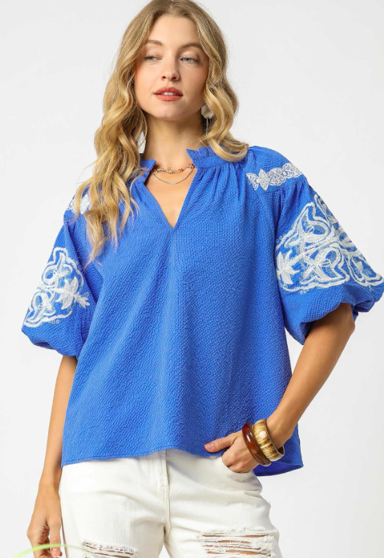 Ana Textured Embroidery Puff Sleeve Top - Final Sale 30% off in cart