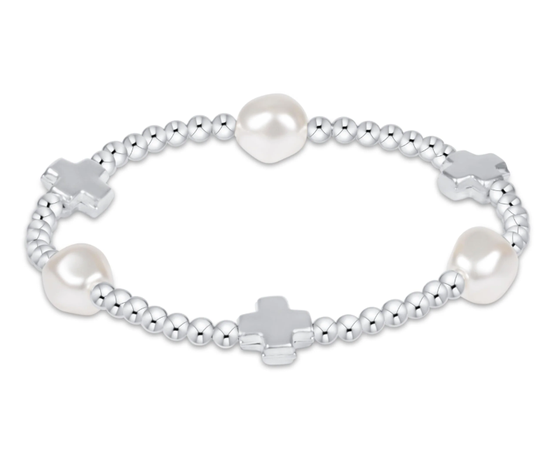E Newton Signature Cross Admire Pattern 3mm Bead Bracelet - Sterling Pearl